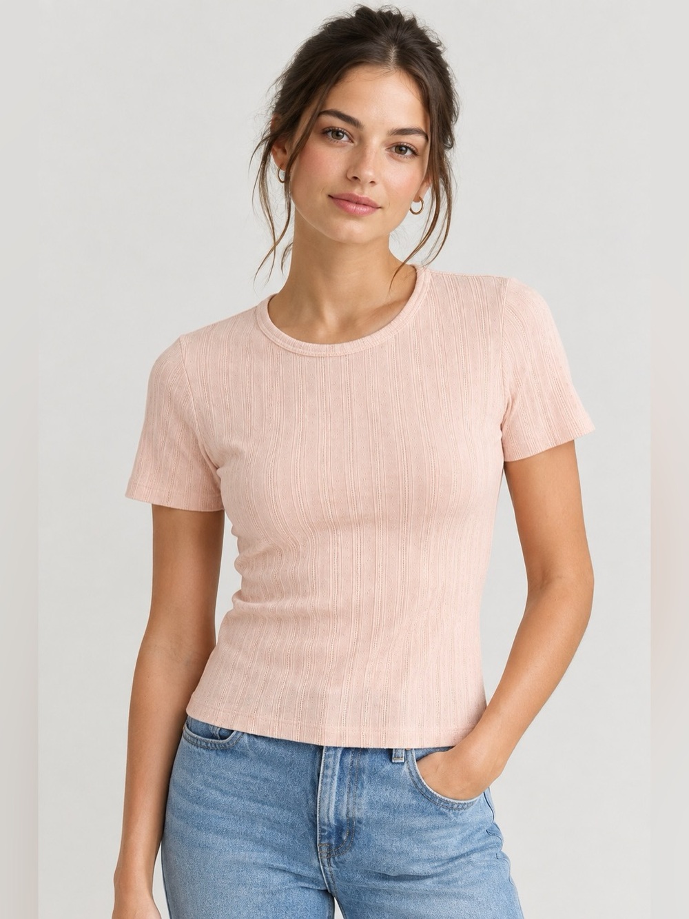 Alex Mill Pink Pointelle Ribbed Cotton Short Sleeve Tee Size S